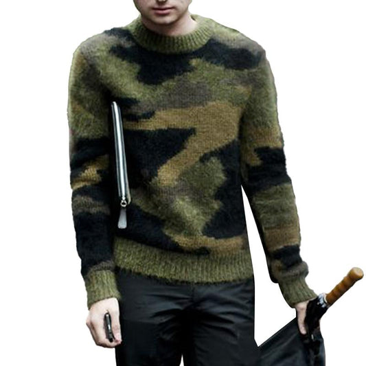 【24-hour shipping】Men's Vintage Camouflage Jacquard Crew Neck Sweater 79045048Y
