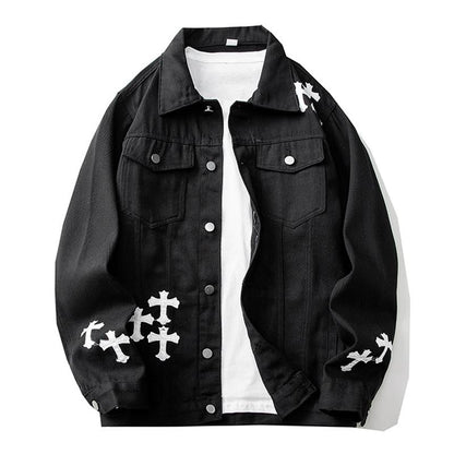 Men's Fashion Cross Patch Lapel Single Breasted Denim Jacket 84136194M