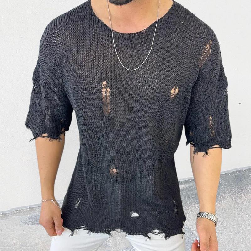 Men's Casual Round Neck Short Sleeve Hollow Knit Pullover Sweater 43852441M