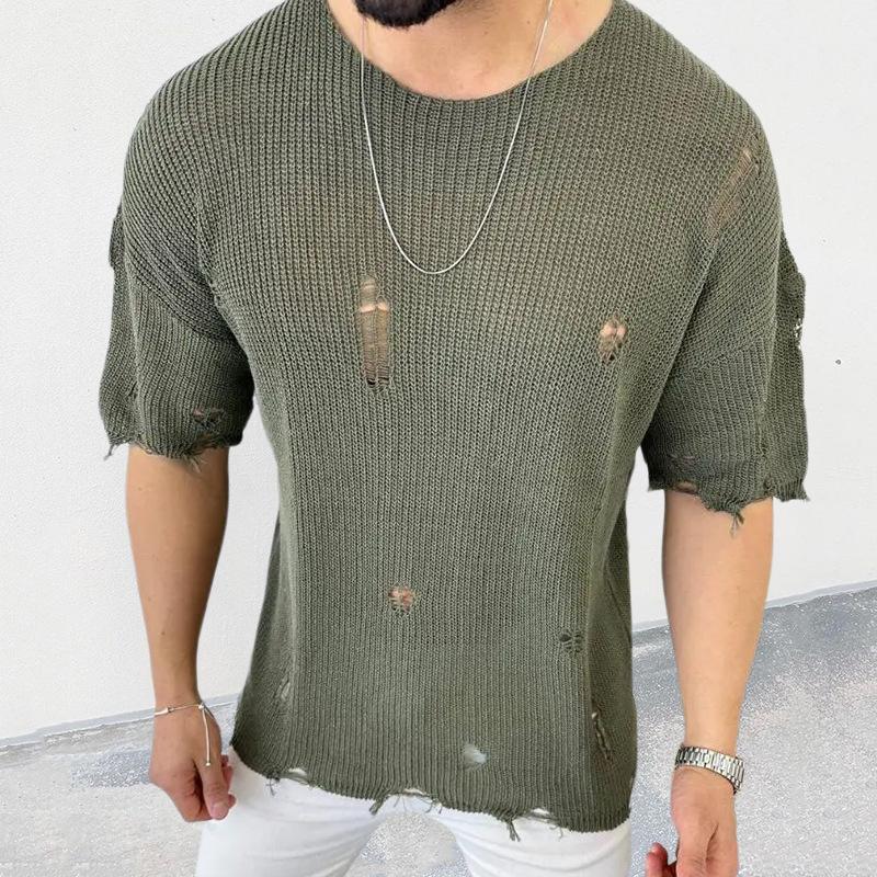 Men's Casual Round Neck Short Sleeve Hollow Knit Pullover Sweater 43852441M