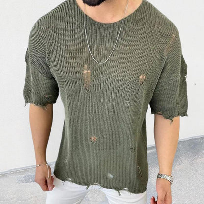 Men's Casual Round Neck Short Sleeve Hollow Knit Pullover Sweater 43852441M