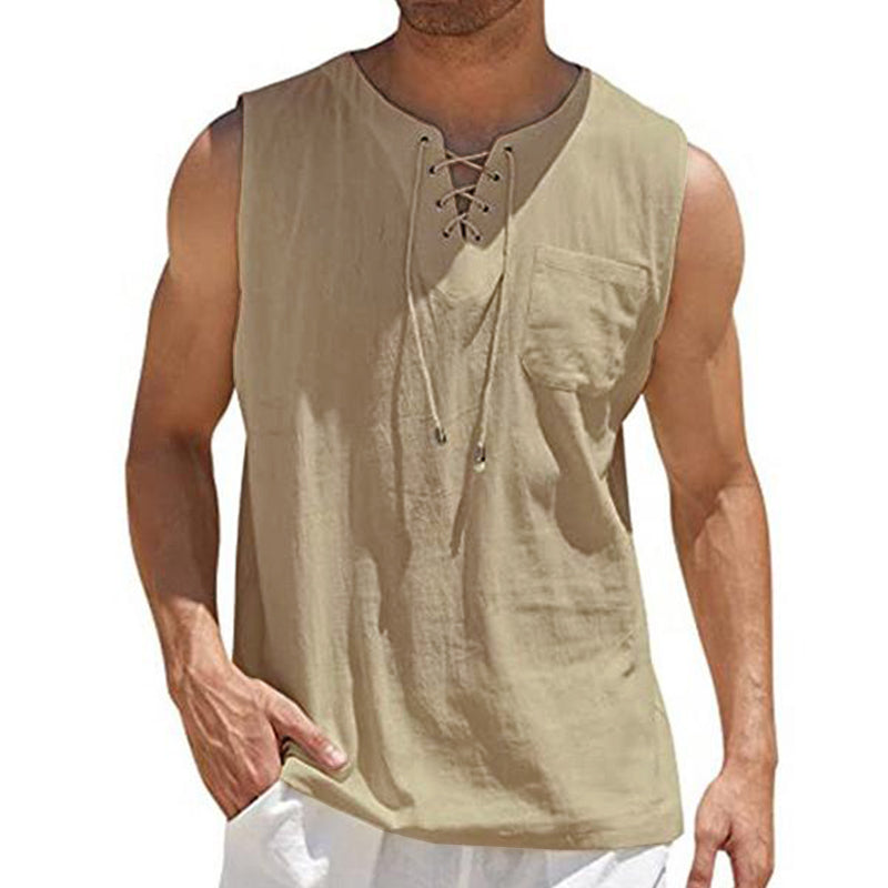 Men's Linen Loose Lace-Up Sleeveless Tank Top 29715298M