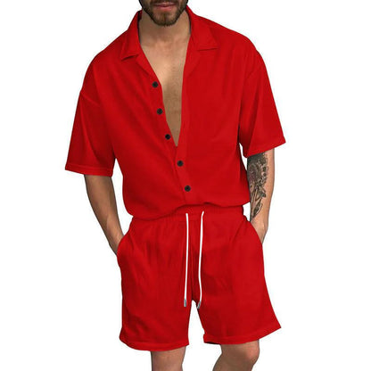 Men's Casual Solid Color Lapel Short Sleeve Shirt Drawstring Shorts Set 92220276Y