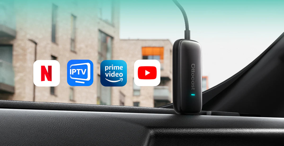 Play2Video Ultra 7” — Wireless Apple CarPlay & Android Auto Adapter with Built-in Touchscreen & Streaming Apps