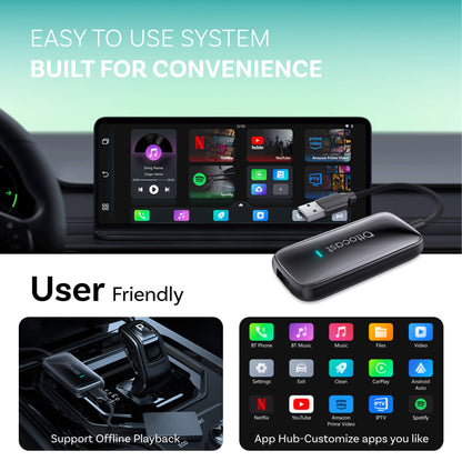 Play2Video Ultra 7” — Wireless Apple CarPlay & Android Auto Adapter with Built-in Touchscreen & Streaming Apps
