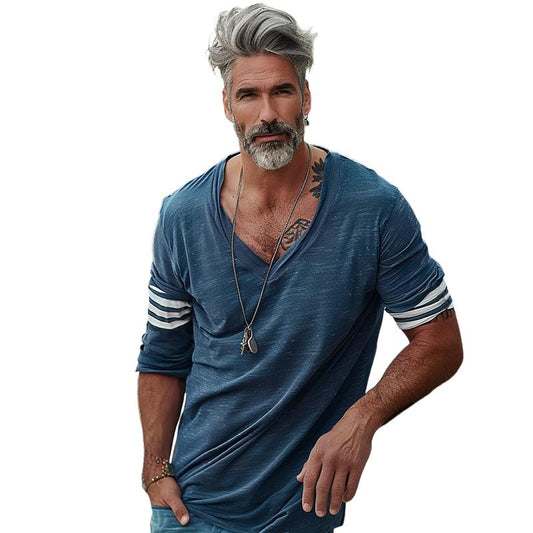 【24-hour shipping】Men's Loose V-Neck Striped Patchwork Long-Sleeved T-Shirt 66090274Y