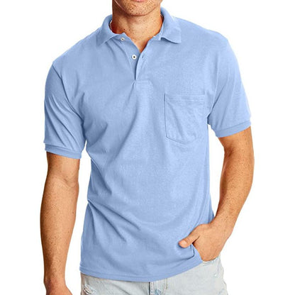 Men's Solid Lapel Breast Pocket Short Sleeve Polo Shirt 02068496Z
