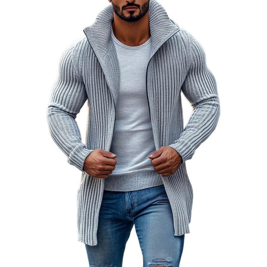【24-hour shipping】Men's Fashion Stand Collar Solid Striped Long Sleeve Mid-length Knit Cardigan 70689538Z