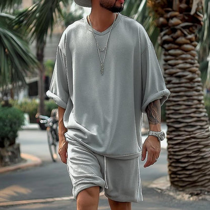 【24-hour shipping】Men's Solid Loose V Neck Short Sleeve T-shirt Shorts Casual Set 55757857Z