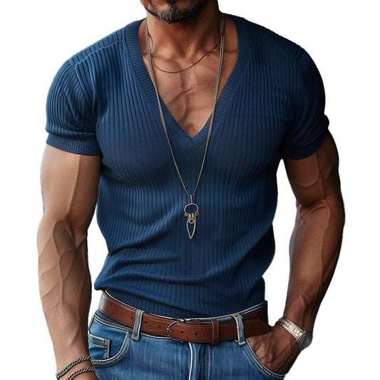 【24-hour shipping】Men's Solid V Neck Short Sleeve Knit T-shirt 80245421Z