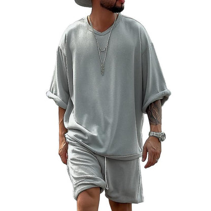 【24-hour shipping】Men's Solid Loose V Neck Short Sleeve T-shirt Shorts Casual Set 55757857Z