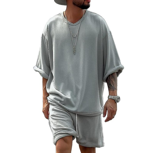 【24-hour shipping】Men's Solid Loose V Neck Short Sleeve T-shirt Shorts Casual Set 55757857Z